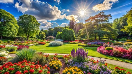 Obraz premium Vibrant summer scene of lush greenery, blooming flowers, and sunny skies in a serene park atmosphere, perfect for relaxation.