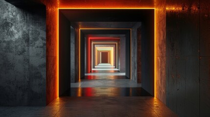 an abstract dark corridor with glowing neon lights.