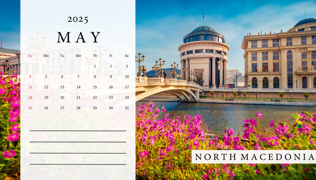 Set of horizontal flip calendars with beautiful landscapes. May 2025. Blooming violet flowers on the shore of Vardar river, Skopje, North Macedonia, Europe. Colorful spring view of Art Bridge..
