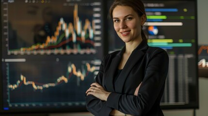 A woman wearing a financial analysts outfit poses   
