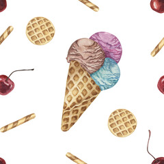Ice cream cones, waffles and cherries watercolor seamless pattern. Whimsical hand painted clipart for textiles, wallpaper, packaging. Sweet dessert theme fabric for summer decor and scrapbooking
