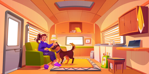 Woman playing with dog in trailer room. Vector cartoon illustration of cozy recreational van interior with kitchen furniture, window and door, female character sitting on couch, smiling at cute pet