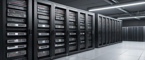 Modern data center with rows of black server racks, state of the art technology, and secure infrastructure  Ideal for concepts of IT, business, and technology