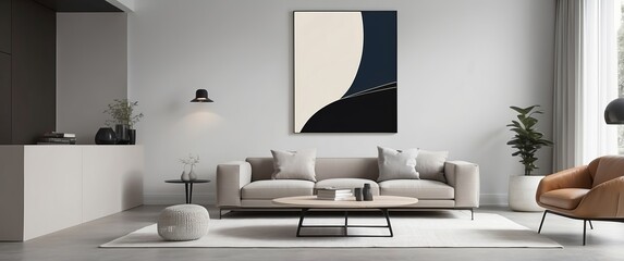 Modern minimalist living room with stylish furniture, neutral colors, abstract artwork, and natural light creating a cozy and contemporary atmosphere
