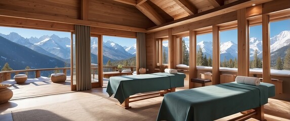A luxury spa room with massage tables and panoramic mountain views, offering a serene escape for relaxation and wellness therapy