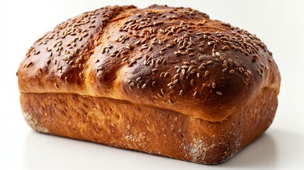 Craft bread on a white background in a rectangular shape with seeds on top