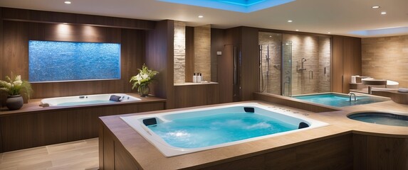 Luxurious indoor spa featuring hot tubs, Jacuzzi, and sleek modern design, perfect for relaxation and wellness retreats
