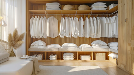 wooden wardrobe and organized white clothes