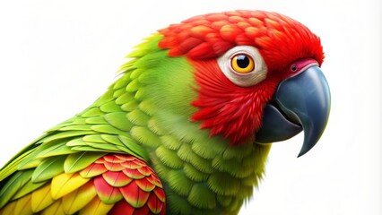 Fototapeta premium Vibrant cartoon thick-billed parrot with bright green feathers, yellow head, and red forehead, perched on a clean white background.