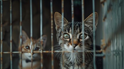 a cat in a cage looking at the camera with a sad look on its face and eyes, with a cat in the background