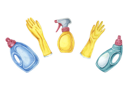 Various cleaning supplies including gloves, spray bottles, and detergent. Watercolor clipart to be used for product labels, cleaning service advertisements, and home cleaning checklists, housekeeping