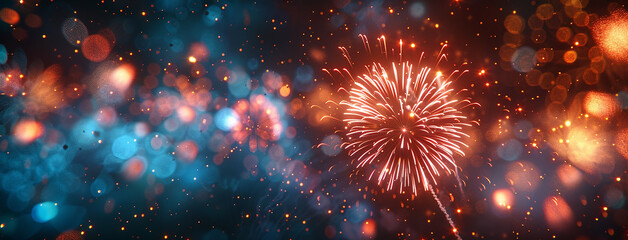 wide horizontal event banner with celebrating, beautiful fireworks on the evening sky of a city