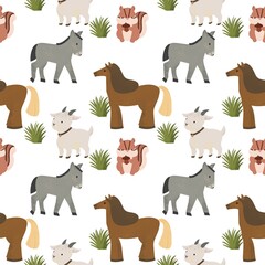 Set of animals farm,pattern horse,donkey,goat,chipmunk,grass,natural color tones.