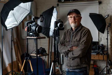 The photographer is in a professional studio, with lighting equipment and photographs, focusing on creative work AIG58