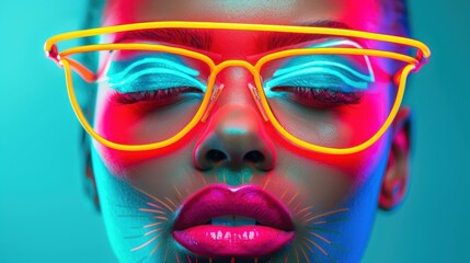 An expressive neon makeup portrait, showcasing unique designs and vibrant colors that add a futuristic and dynamic element to the model's appearance, suitable for creative and editorial uses. © MAY