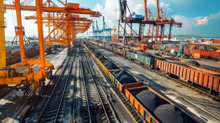 Naklejka premium An aerial view of a bustling cargo port with cranes loading and unloading cargo. Coal-filled rail cars are lined up on the tracks, ready for transport