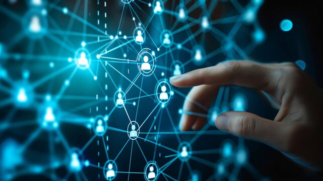 Businessman is using a digital interface to manage a global network of human resources