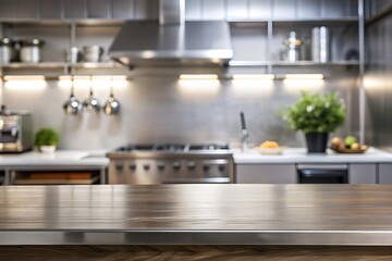 Steel table top with blurred empty kitchen background can be used for mocking up or display product to make advertising