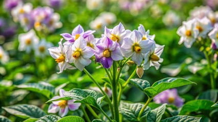 Fototapeta premium Vibrant, delicate white and purple potato flowers bloom amidst lush green foliage, signaling new tubers forming underground in late spring season.