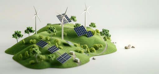 3D wind power generator. Green energy and ecology. Electricity turbine. Electric ecological windmill technology on landscape. Renewable alternative energy