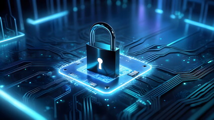 Cybersecurity concept with a glowing padlock on a digital circuit board.  The lock symbolizes protection and safety of data and online information.
