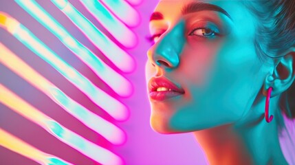 Portrait of a young woman bathed in neon light, her features highlighted by the vibrant hues surrounding her.
