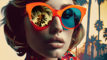 Young beautiful woman wearing big sunglasses. Creative 60s retro background. 