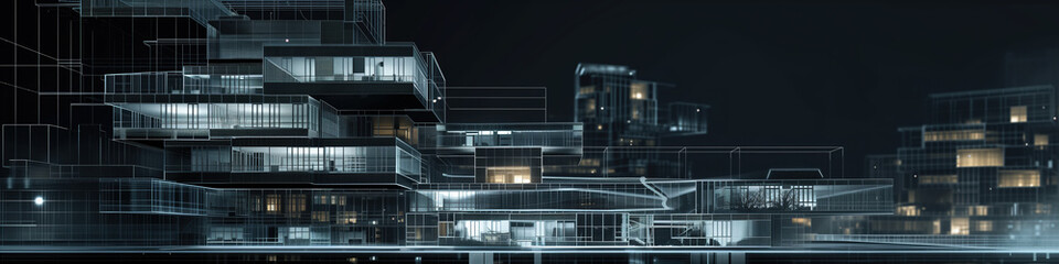 Fototapeta premium Futuristic AI Office Building with Wireframe Extensions on Blueprint, Dark Background