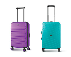 Modern wheel suitcases set isolated on white background. Vector realistic illustration of purple and turquoise plastic luggage, solid rolling bag with metal handle, tourist accessory, vacation travel