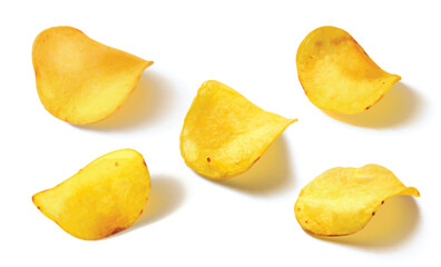 Potato chip lying with shadow. Realistic 3d vector illustration set of crisp fried or baked snack. yellow wavy crunchy salty slice. Unhealthy fast food. isolated junk appetizer dish with spice.