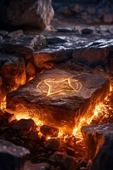 Satanic symbol etched in stone with dark, ancient runes, surrounded by eerie glowing light