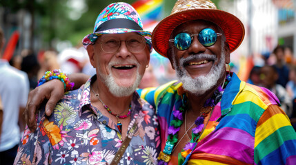 An elderly gay couple - a black man and a white man in bright clothes. Two old stylish fashionable gray bearded men are smiling and posing for a photo. LGBT