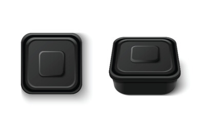 Black square plastic container with cap for food storage. Realistic 3d vector illustration set of top and side view box mockup for product keeping and take away concept. Package for lunch meal.