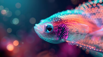 Fototapeta premium Close-up portraits of marine creatures glowing in neon colors, capturing the mesmerizing beauty of underwater life.