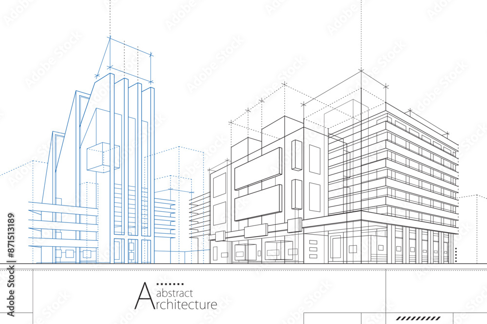 Poster 3D illustration abstract urban building out-line drawing of imagination architecture building construction design.