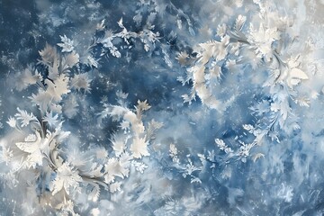 A swirling, abstract composition of snowflakes, frost, and ice, with a minimalist color palette of...