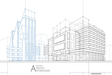 3D illustration abstract urban building out-line drawing of imagination architecture building construction design.