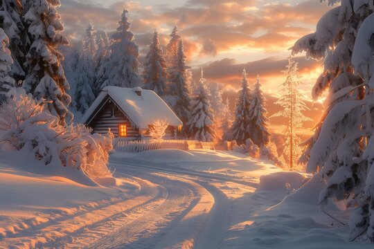 A snow covered forest with a single, glowing cabin in the distance, bathed in soft, warm light from the setting sun