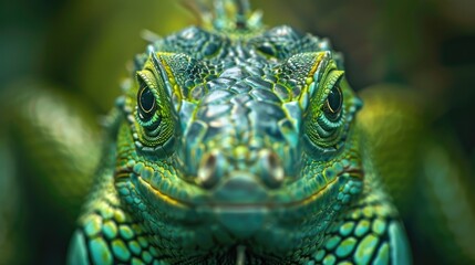 Fototapeta premium Close up macro photograph of a green lizard s iguana head portrait in nature