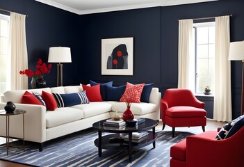 Modern navy blue and red living room with sofa