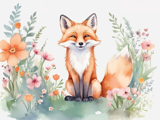 Fototapeta premium Cartoon cute fox of happiness with flowers. clip art Vector illustration, isolated white background.