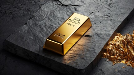 Positioned on the right side of the image, a gold bar gleams with a luxurious shine against a black and gray backdrop. The minimalist and dark background highlights the bar's rich luster, creating a