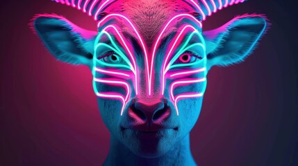 Naklejka premium An artistic interpretation of a neon portrait, where a fantastical animal is depicted in glowing neon colors, blending elements of imagination and modern design.