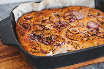 homemade Italian focaccia with onion topping