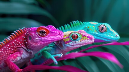 Fototapeta premium Artistic representations of neon reptiles and amphibians, each photograph emphasizing the vibrant neon colors that accentuate their natural patterns and textures.