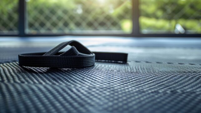 Second degree Brazilian Jiu Jitsu black belt on martial arts gym mats with copy space