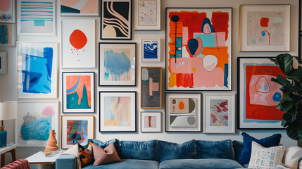 A gallery wall filled with an array of eclectic frames, each showcasing a unique abstract art piece.