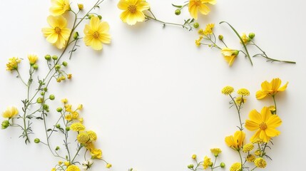 Wreath of assorted yellow flowers on white background Spring and summer symbol with room for text Overhead view © TheWaterMeloonProjec