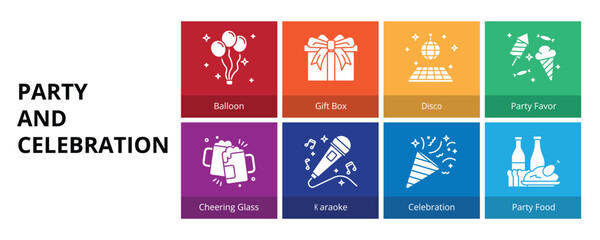 Party and Celebration Glyph Solid Banner Web Icon Set Vector Illustration, Balloon Gift Box Disco Party Favor Cheering Glass Karaoke Celebration  Party Food