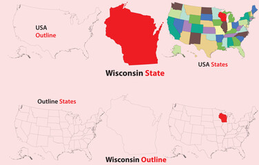 Obraz premium Wisconsin map vector of usa, Wisconsin line map, Wisconsin with city map, Wisconsin outline map